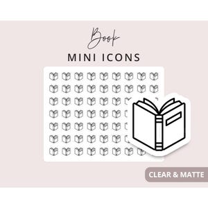 May include: A sticker sheet featuring rows of small black and white book icons with the text Book MINI ICONS at the top and CLEAR & MATTE at the bottom right. A larger, singular book icon is displayed prominently on the right side of the sheet.