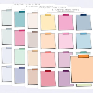 May include: A sticker sheet featuring multiple columns of square sticky notes in various pastel and solid colours, each topped with a small piece of coloured tape. The text STICKERPLANNERSHOPCO is printed at the top of each sheet in black ink.