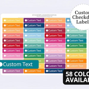 May include: A sheet of rectangular adhesive labels in 58 different colors, each featuring a white circular icon and the words Custom Text. The sheet includes a large teal label with a white circle and the text Custom Text at the bottom left.