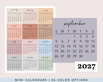 2027 farbige Minikalenderaufkleber | Minimale & Funktionale Planer Sticker - 12 Sticker