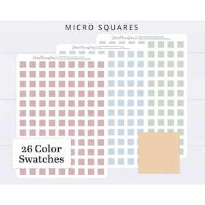 May include: Three sheets of adhesive micro squares in dusty rose, light blue, and sage green. Each sheet features a grid of small square stickers. The text MICRO SQUARES and 26 Color Swatches is printed on the sheets. A single peach square is visible.