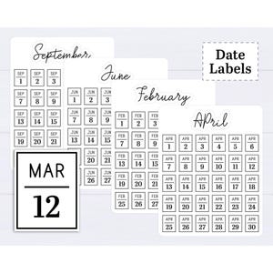 May include: A collection of white rectangular date labels featuring black text and borders. The sheets display months including September, June, February, and April with numbered days in grids. One separate label shows MAR 12 in a bold black font.