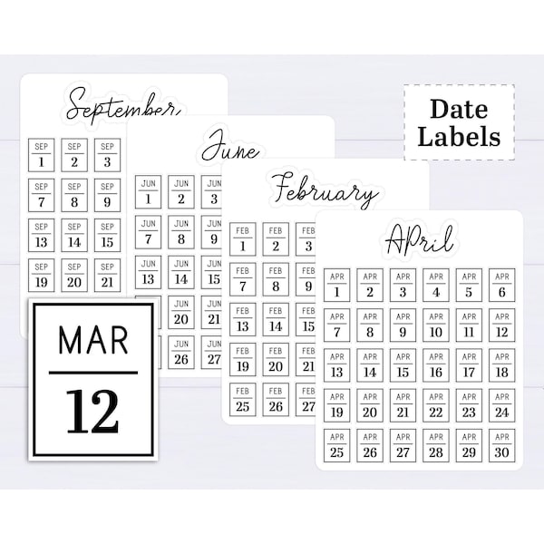 Etiquetas de fecha - Blanco y negro - Etiquetas de fecha mensuales