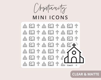 Pegatinas de iconos pequeños con cruz de iglesia, pegatinas de iconos para agenda, pegatinas minimalistas y funcionales para agenda, pegatinas de iconos pequeños, 63 pegatinas