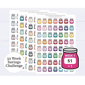 May include: A set of sticker sheets for a 52 Week Savings Challenge featuring rows of colourful jar illustrations. Each jar is labelled with a week number and a monetary amount. A large, singular sticker of a pink jar labelled Week 1 $1 is in the foreground.