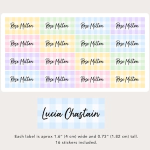 May include: A sheet of 16 rectangular stickers featuring a pastel gingham pattern in yellow, green, blue, and pink. Each sticker displays the name Rose Milton in black script. A single blue gingham sticker shows the name Lucia Chastain. Each label is 4 cm wide and 1.82 cm tall.