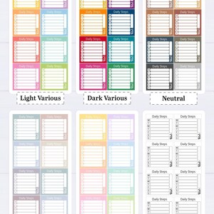 Peut inclure: Une collection de six planches d'autocollants avec des suivis de pas quotidiens. Chaque planche contient plusieurs étiquettes rectangulaires avec le texte Daily Steps, une colonne pour les jours de la semaine M, T, W, T, F, S, S et un total.
