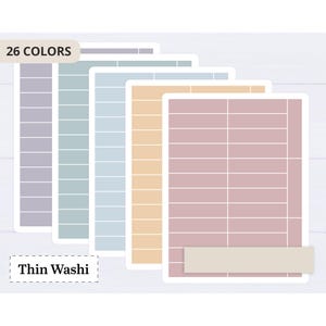 May include: A selection of rectangular stickers in various pastel shades, including purple, green, blue, yellow, and pink. Each sticker features a grid pattern. The image includes the text "26 COLORS" and "Thin Washi".