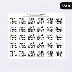 May include: A sheet of colorful stickers with the text "work from home" in black lettering. Each sticker features a different colored laptop icon.