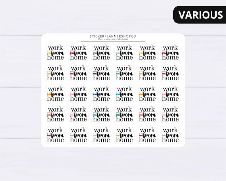 May include: A sheet of colorful stickers with the text "work from home" in black lettering. Each sticker features a different colored laptop icon.