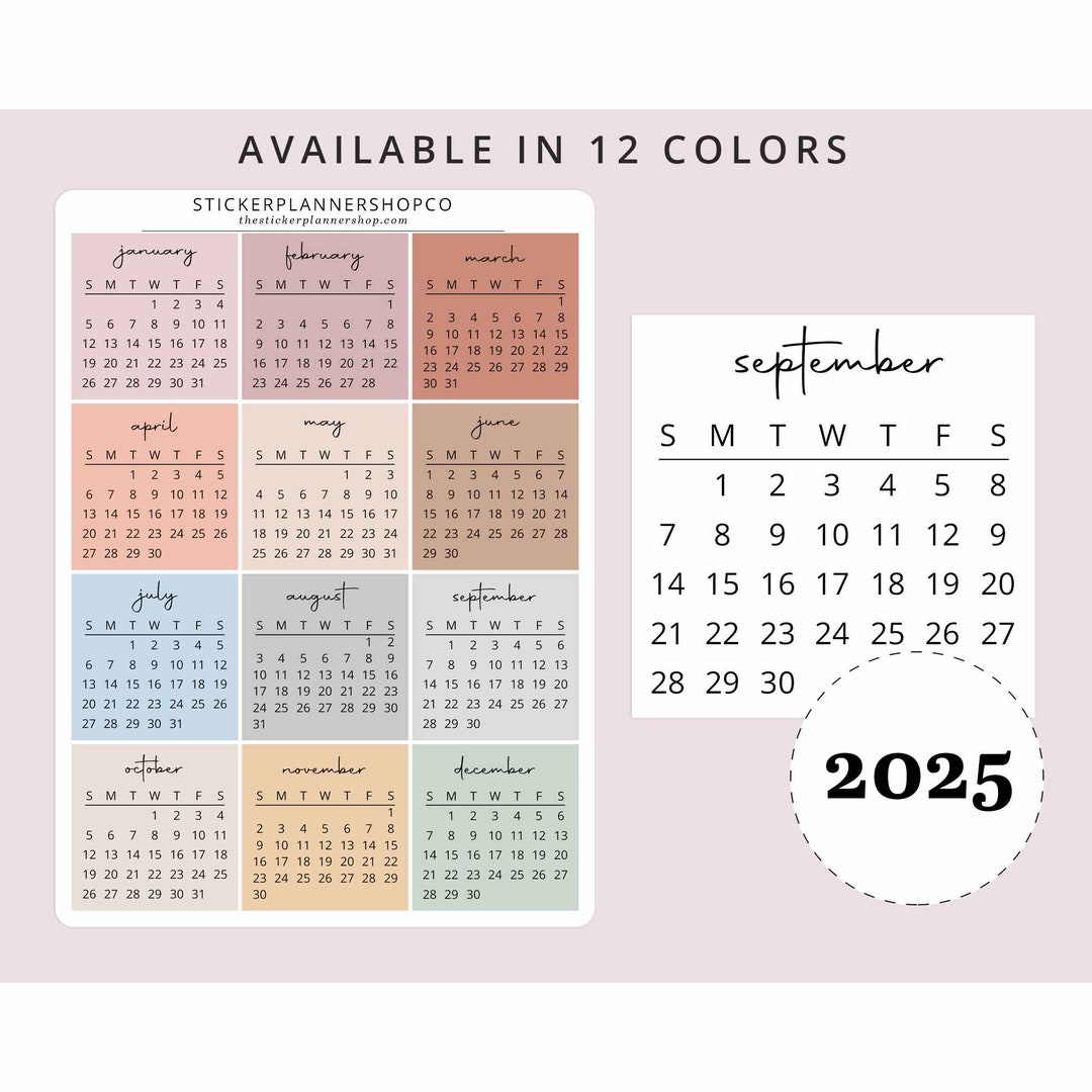 2025 Colored Mini Calendar Stickers Minimal & Functional Planner