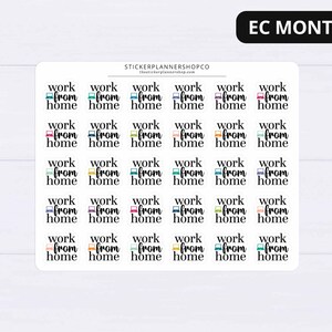 May include: Thirty-six colorful stickers with the text "work from home" and a laptop icon. The stickers are arranged in six rows of six stickers each.