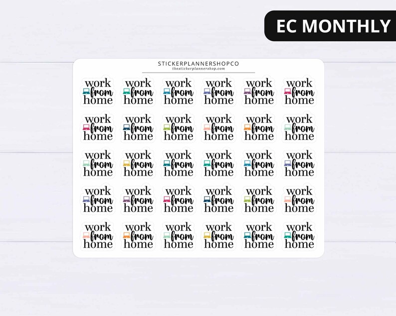 May include: Thirty-six colorful stickers with the text "work from home" and a laptop icon. The stickers are arranged in six rows of six stickers each.