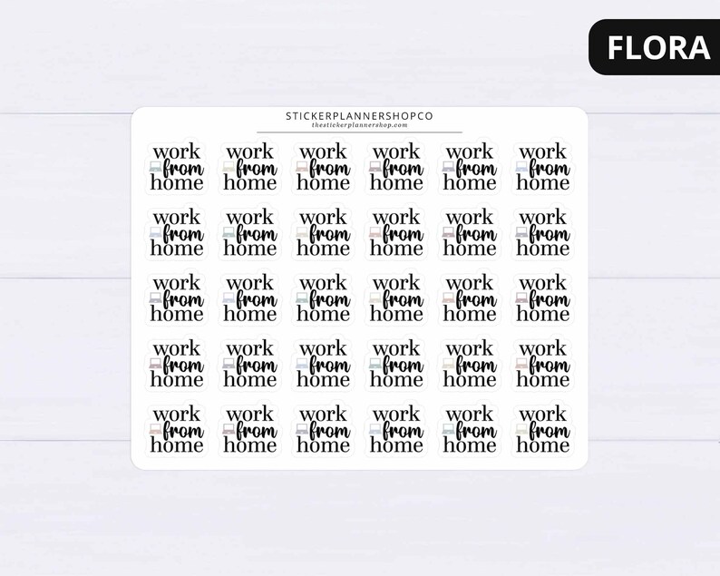 May include: Thirty-six white round stickers with the text "work from home" in black text. Each sticker features a small, stylized laptop icon in pastel colors.