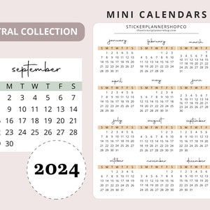 2024 Mini Calendar Stickers | Minimal & Functional Planner Stickers - 12 Stickers