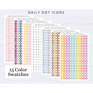 May include: A collection of sticker sheets labelled DAILY DOT ICONS and 15 Color Swatches. The sheets feature rows of small circular stickers in various pastel and solid colours, each containing a simple black or white icon representing daily tasks.