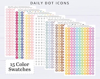 May include: A collection of sticker sheets labeled DAILY DOT ICONS and 15 Color Swatches. The sheets feature rows of small circular stickers in various pastel and solid colors, each containing a simple black or white icon representing daily tasks.