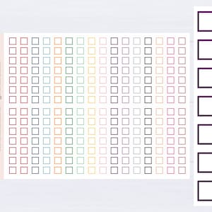 May include: A sheet of planner stickers featuring rows of colorful squares in various colors, including red, blue, green, and purple. The stickers are designed for use in a planner or journal. The text "STICKER PLANNER SHOP CO." is visible.