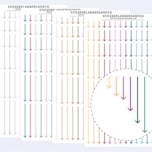 May include: Four vertical sticker sheets labelled STICKERPLANNERSHOPCO, each featuring multiple columns of small, simple downward-pointing arrows in various colours including grey, pink, teal, orange, yellow, purple, dark blue, and lime green.