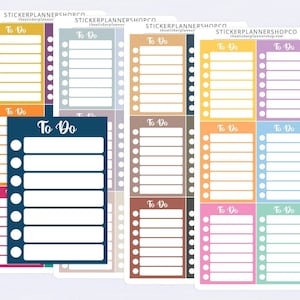 May include: Multiple sheets of rectangular planner stickers featuring various coloured blocks with white 'To Do' headers and white circular checkboxes. Each sticker block contains six horizontal lines for writing tasks. The text 'STICKERPLANNERSHOPCO' is printed at the top of each sheet.