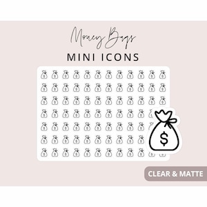 Puede incluir: Una hoja de pegatinas con varias filas de pequeños iconos de bolsas de dinero en blanco y negro con signos de dólar. El texto Money Bags MINI ICONS aparece arriba y el texto CLEAR & MATTE está en un rectángulo oscuro abajo a la derecha.