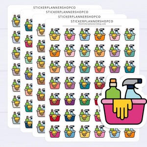 May include: A sticker sheet featuring multiple rows of cleaning supply icons, each showing a colourful basin containing a green bottle, a blue spray bottle, and a yellow cleaning glove. The text STICKERPLANNERSHOPCO is printed at the top of each sheet.