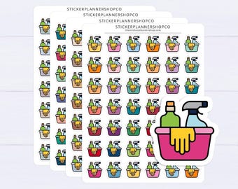 May include: A sticker sheet featuring multiple rows of cleaning supply icons, each showing a colorful basin containing a green bottle, a blue spray bottle, and a yellow cleaning glove. The text STICKERPLANNERSHOPCO is printed at the top of each sheet.