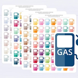May include: Four white sticker sheets featuring rows of small, colourful gas pump icons. Each icon is a rectangular shape with a nozzle and the word GAS printed in white. A single, larger dark blue gas pump sticker is positioned in the foreground.