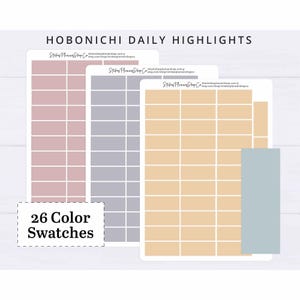 May include: Three rectangular sticker sheets labelled HOBONICHI DAILY HIGHLIGHTS and 26 Color Swatches. Each sheet contains multiple small rectangular stickers in muted dusty rose, grey, and light orange tones, with one large blue rectangle.