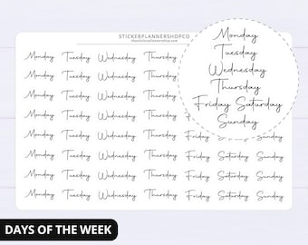 May include: A white sticker sheet featuring multiple rows of black script text displaying the days of the week from Monday to Sunday. The top of the sheet includes the text STICKERPLANNERSHOPCO. A circular inset highlights the seven days in a vertical list.