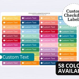 May include: A sheet of colorful custom checkdot labels with the text "Custom Text" on each label. The labels are available in 58 colors.