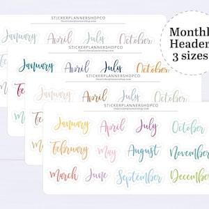 May include: Four sheets of adhesive planner stickers featuring monthly headers in various colours and cursive fonts. Each sheet includes the text STICKERPLANNERSHOPCO and the website. A circular graphic on the right displays the text Monthly Headers 3 sizes!