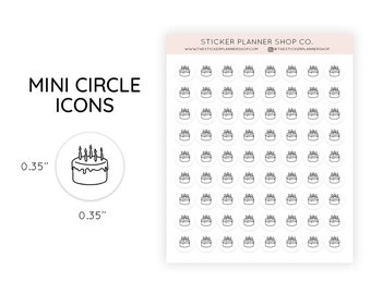 Pastel de cumpleaños - Mini iconos de puntos - Mini iconos de círculo Pegatinas de planificador de pastel de cumpleaños - Pegatinas de planificador funcionales - 72 pegatinas