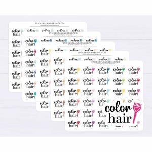 Könnte beinhalten: Fünf Bögen mit Planer-Aufklebern, die den Text color hair in schwarzer Schrift neben einem kleinen Haarfärbepinsel-Symbol in verschiedenen Farben zeigen. Jeder Bogen enthält den Text STICKERPLANNERSHOPCO und die Website-URL oben.