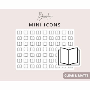 May include: A sticker sheet featuring a grid of small black outline book icons with the text Books MINI ICONS at the top and CLEAR & MATTE at the bottom right. A single larger black outline book icon is positioned over the bottom right corner.