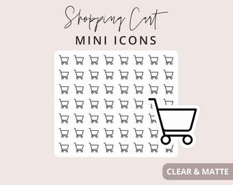 May include: A sticker sheet featuring a grid of small black shopping cart icons with the text Shopping Cart MINI ICONS at the top and a larger shopping cart icon on the right. The bottom right corner includes a label with the text CLEAR & MATTE.