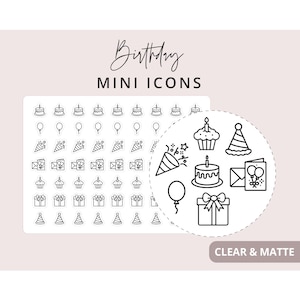 Birthday Party Celebration Pack Mini Icon Stickers, Planner Icon Stickers, Minimal & Functional Planner Sticker, 63 Stickers