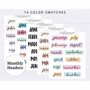 May include: Five sticker sheets featuring monthly headers from January to December. The sheets display various fonts and colours, including black, pink, yellow, orange, purple, blue, and green. Each sticker has a die-cut border around the text.