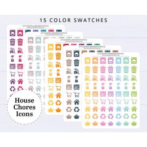 May include: Five sheets of adhesive stickers featuring house chore icons in 15 different colours. Each sheet displays rows of washing machines, bins, vacuums, spray bottles, dishwashers, shopping trolleys, houses, recycling symbols, and pots.