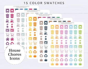 May include: Five sheets of adhesive stickers featuring house chore icons in 15 different colors. Each sheet displays rows of washing machines, trash cans, vacuums, spray bottles, dishwashers, shopping carts, houses, recycling symbols, and pots.