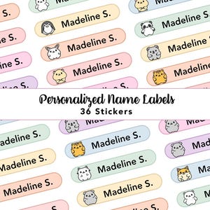 May include: A collection of 36 rectangular personalised name labels featuring the text Madeline S. and various cartoon animal illustrations. The stickers come in pastel colours including pink, blue, green, yellow, and purple with rounded edges.