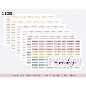 Pode incluir: Uma coleção de folhas de adesivos com os dias da semana em várias fontes e cores. O texto 2 SIZES é visível no canto superior esquerdo e o texto DAYS OF THE WEEK | 16 COLOR OPTIONS está impresso na parte inferior da imagem.