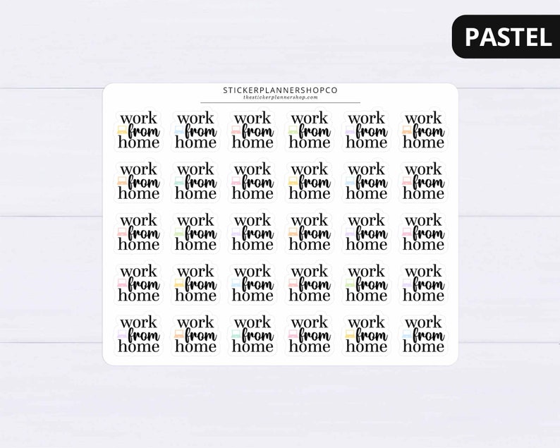 May include: Thirty-six pastel colored stickers with the text "work from home" in black.