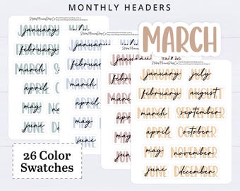 Pegatinas para el encabezado del mes / Pegatinas con los nombres de los meses / Pegatinas grandes con meses en cursiva / 1 color - Pegatina para calendario y diario