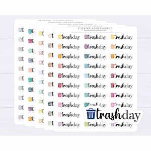 May include: A sticker sheet featuring multiple rows of small trash can icons paired with the text trashday in a black script font. The icons appear in various colours including blue, pink, yellow, green, and brown. The text STICKERPLANNERSHOP.COM is printed at the top of the sheet.