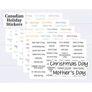 May include: A set of white rectangular sticker sheets featuring black printed text for various Canadian holidays including New Year's Day, Good Friday, Civic Holiday, Black Friday, Groundhog Day, Easter, Labour Day, Cyber Monday, and Christmas Day.