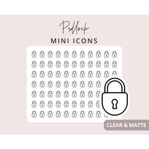 May include: A sticker sheet featuring multiple rows of small black outline padlock icons. The text Padlock MINI ICONS is printed at the top, and a larger version of the padlock icon is displayed on the right with the text CLEAR & MATTE.