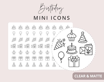 Birthday Party Celebration Pack Mini Icon Stickers, Planner Icon Stickers, Minimal & Functional Planner Sticker, 63 Stickers