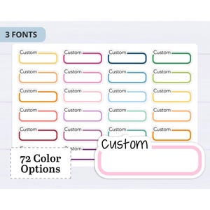 May include: A sheet of rectangular adhesive labels featuring the word Custom in black text inside colourful rounded borders. The sheet displays various colour options, including yellow, pink, blue, green, and orange, with a large sample label below.