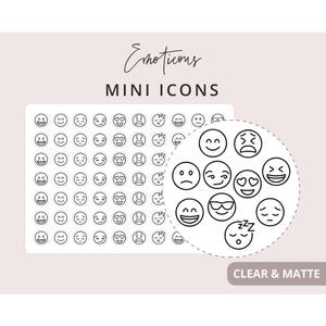 Emotion Faces Mini Icon Stickers, Planner Icon Stickers, Minimal & Functional Planner Sticker, Small Icon Stickers, 70 Stickers